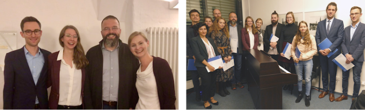 Graduation ceremony 2019, left picture: Absolvierendenfeier 2019, auf dem Foto links: Jonas Leipziger, Annabelle Fuchs, Kay Joe Petzold, Hanna-Barbara Rost