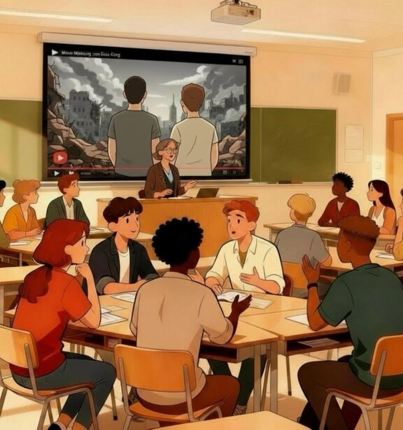 Schüler:innen sitzen in einem Klassenzimmer und diskutieren über ein Video, in welchem zwei Männer vor einer kriegszerstörten Stadt stehen