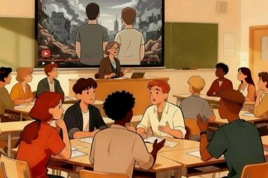 Schüler:innen sitzen in einem Klassenzimmer und diskutieren über ein Video, in welchem zwei Männer vor einer kriegszerstörten Stadt stehen