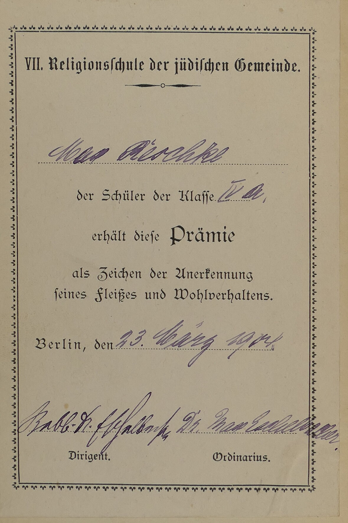 Award for Max Reschke, 1904