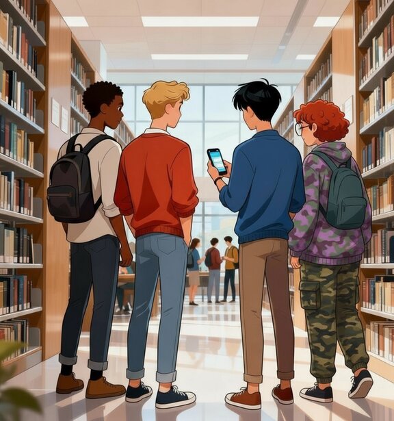 Vier Studierende stehen in einer Gruppe in einer Bibliothek und schauen ernst auf ein Handy