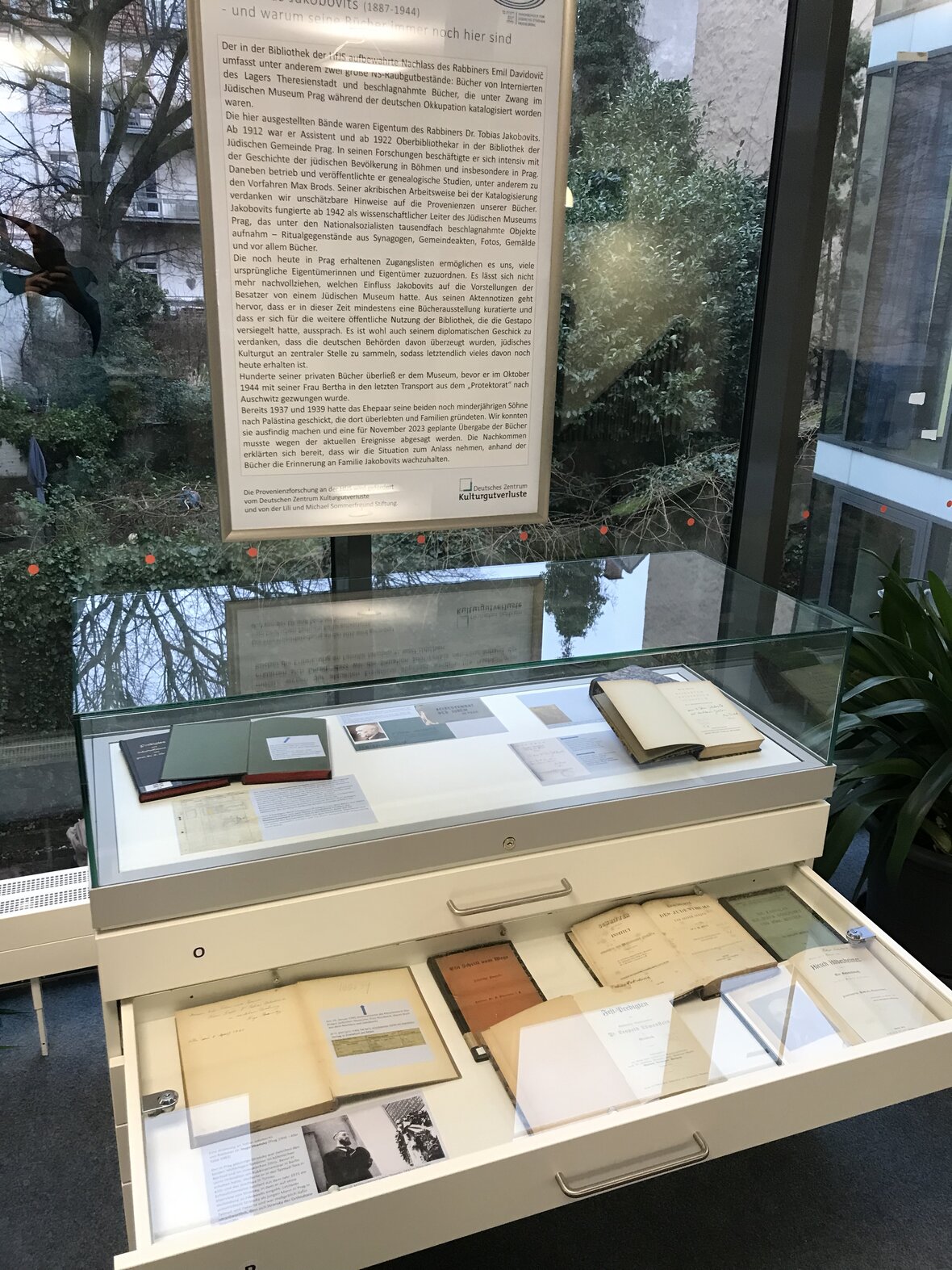 Man sieht ein Plakat das über einer Glas Vitrine aufgehängt wurde in dieser Vitrine sind mehrere Bücher und einige Papierpassagen die die jeweiligen Bücher erklären