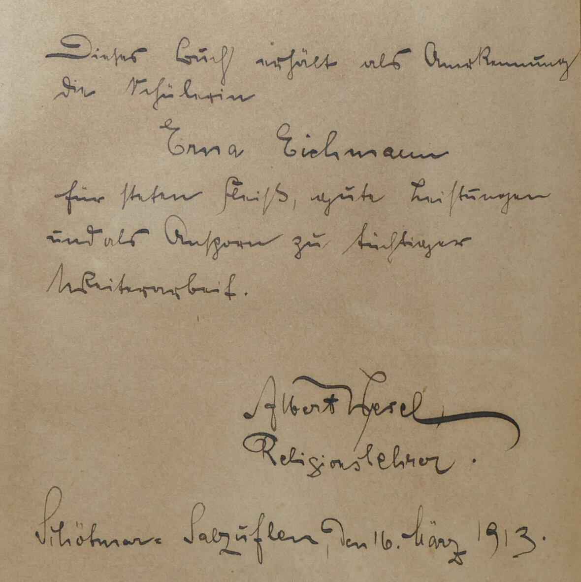 Widmung des Religionslehrers Albert Wesel an seine Schülerin Erna Eichmann