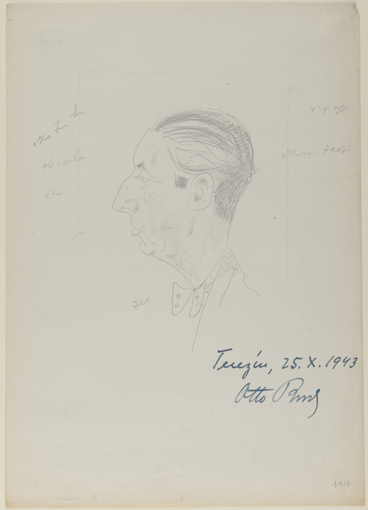 Ein Porträt Otto Brods vom Künstler Max Plaček, gezeichnet in Theresienstadt am 25.10.1943