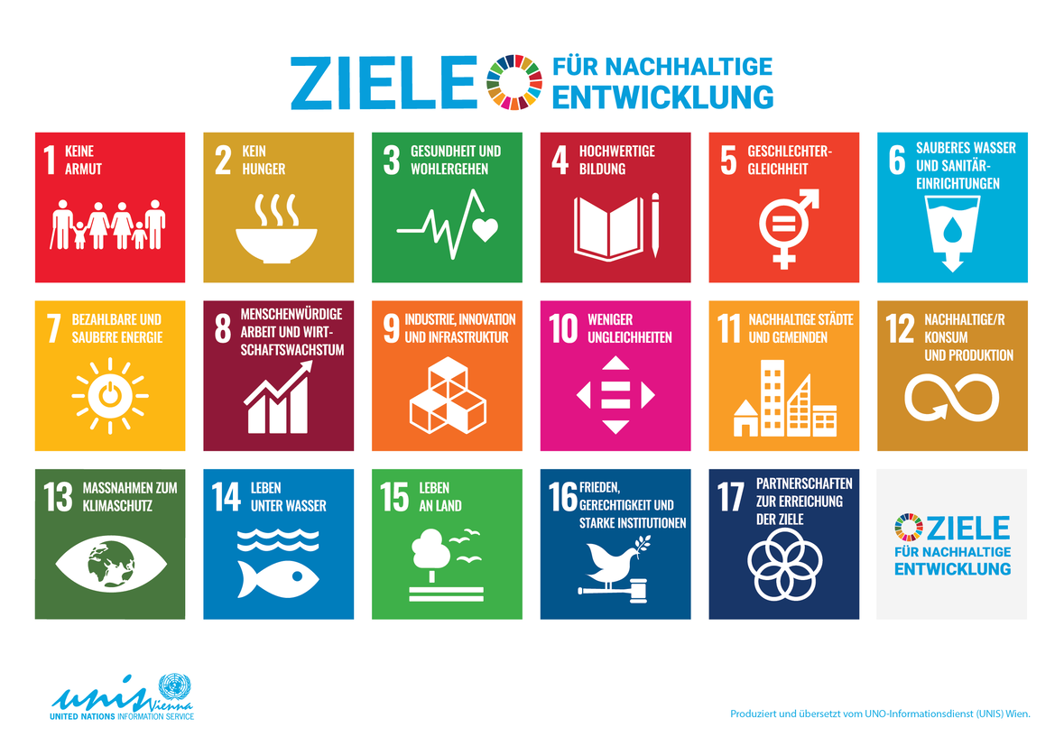 17 Zielen für nachhaltige Entwicklung (Sustainable Development Goals, SDGs)