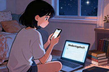 Eine junge Frau sitzt in einem dunklen Zimmer vor ihrem Laptop, auf welchem das Wort "Medientagebuch" steht. In der Hand hält sie ihr Handy