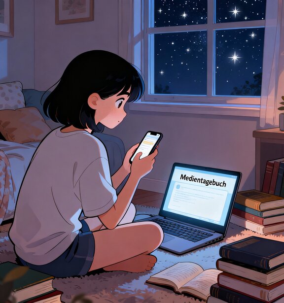 Eine junge Frau sitzt in einem dunklen Zimmer vor ihrem Laptop, auf welchem das Wort "Medientagebuch" steht. In der Hand hält sie ihr Handy