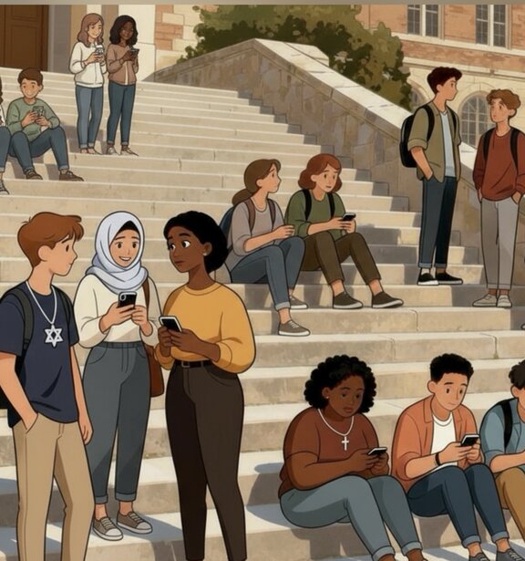 Studierende verschiedener Religionen sitzen oder stehen auf einer Treppe, schauen auf ihr Handy oder diskutieren miteinander