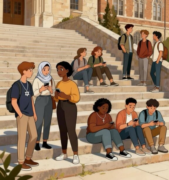 Studierende verschiedener Religionen sitzen und stehen auf einer Treppe und schauen auf ihr Handy und unterhalten sich