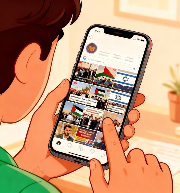 Ein Jugendlicher schaut auf sein Handy, auf welchem verschiedene Videos zum Nahostkonflikt zu sehen sind
